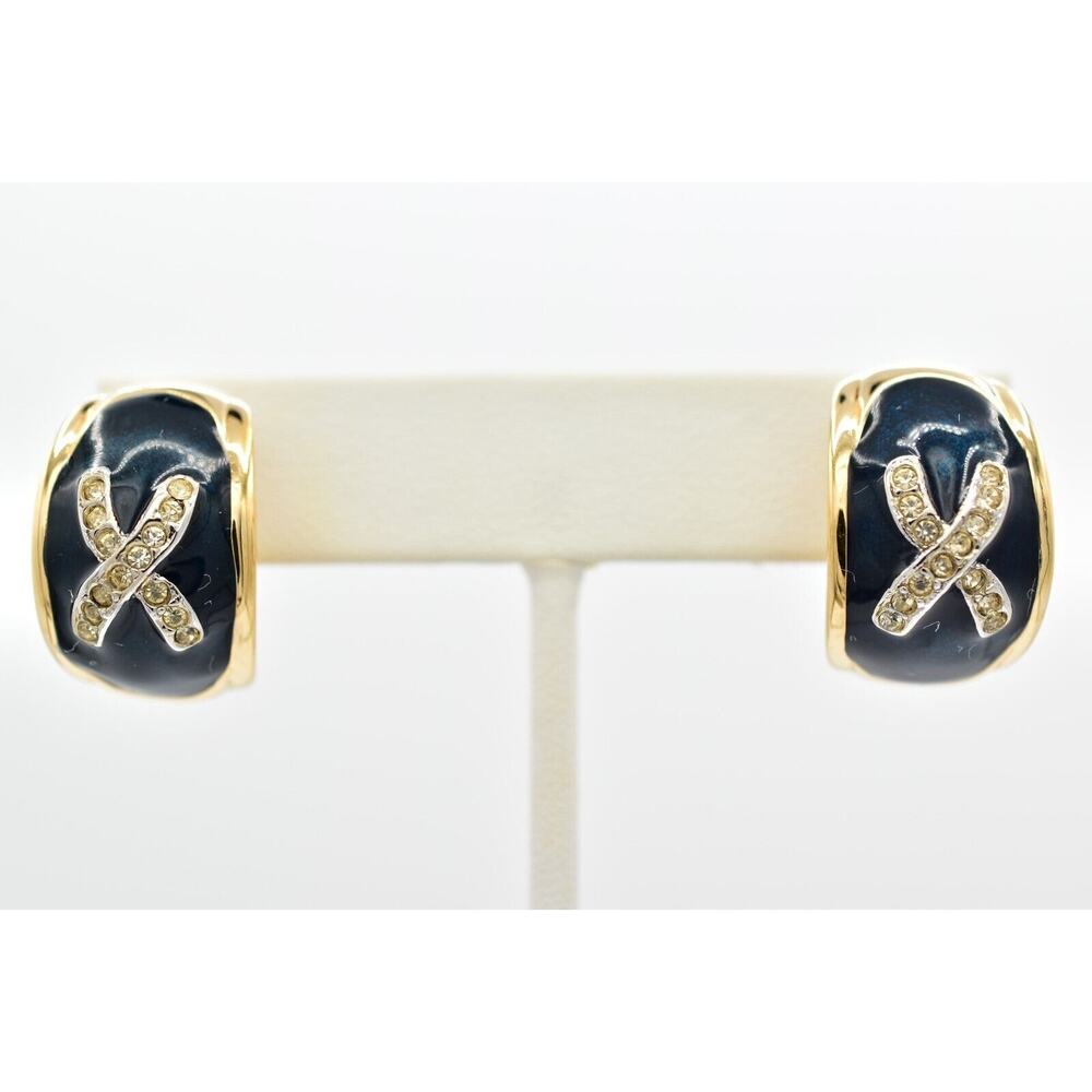 Ivana Trump Vintage Clip Earrings Gold Navy Enamel Crystal X Signed 1990s BinBF